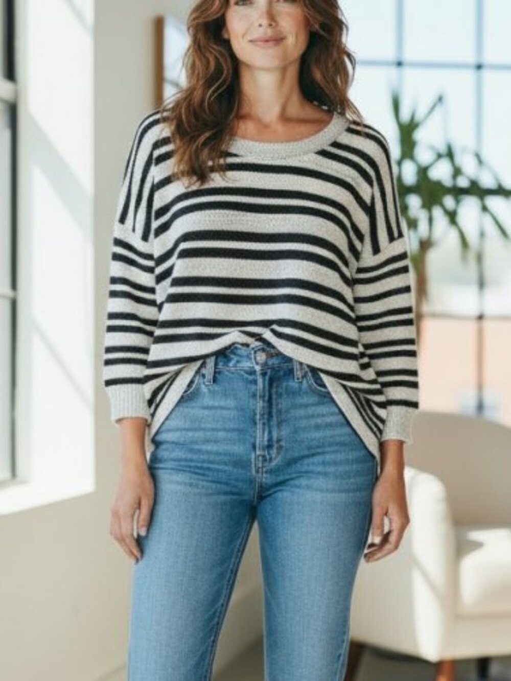 LIZ CLAIBORNE Oversized Black Gray Textured Striped Pullover Top Ladies Large
